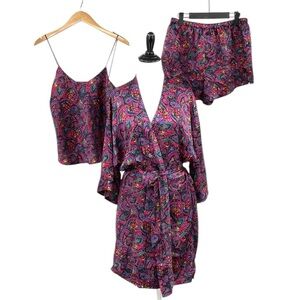 Vintage Erika Taylor 3 Piece Night Robe Tank Shorts Medium Vibrant Paisley Satin